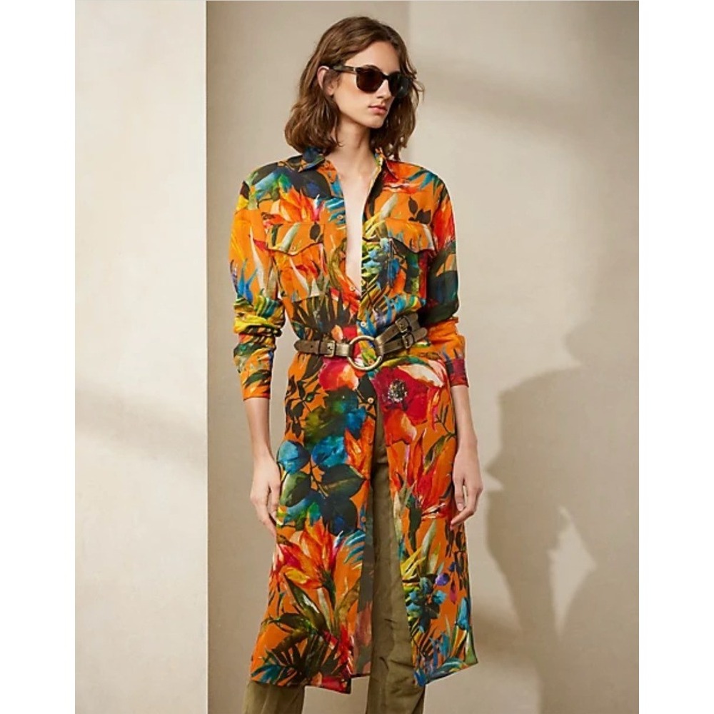 Ralph Lauren Purple Label Seneca Tropical Print Linen Voile Shirt Dress Size 6
